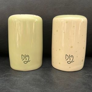 Salt and Pepper shaker set. Ceramic. New in box. Colors jade green and cream.